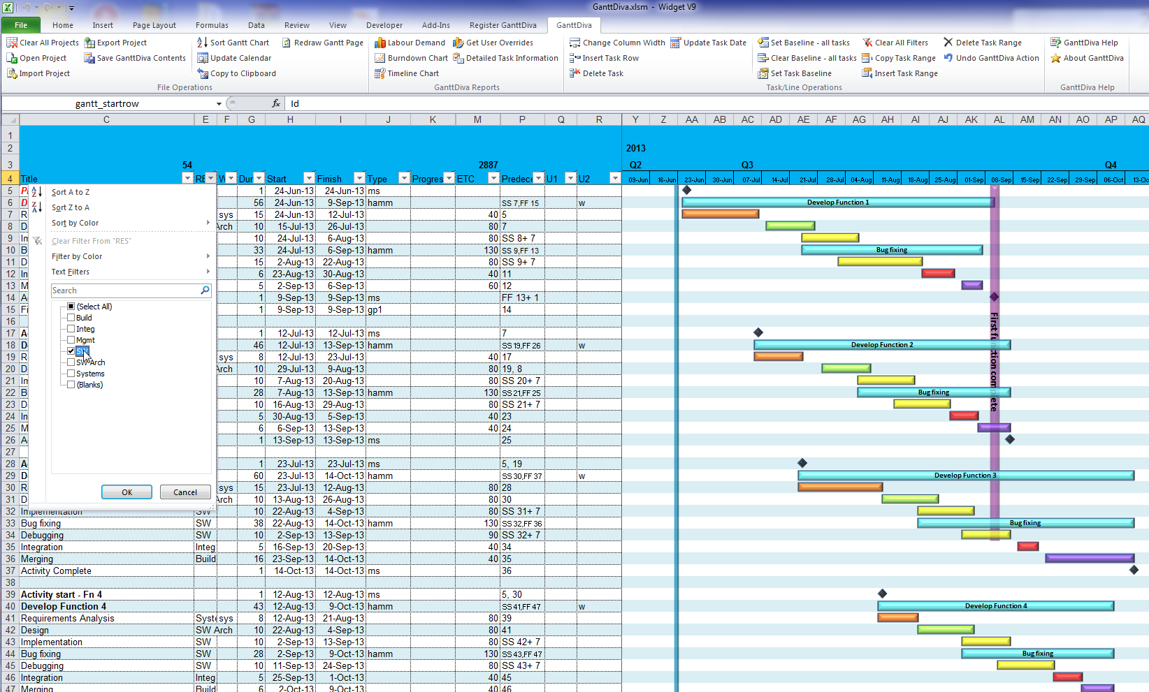 Full support of your Gantt chart fields for Excel auto-filtering | Free